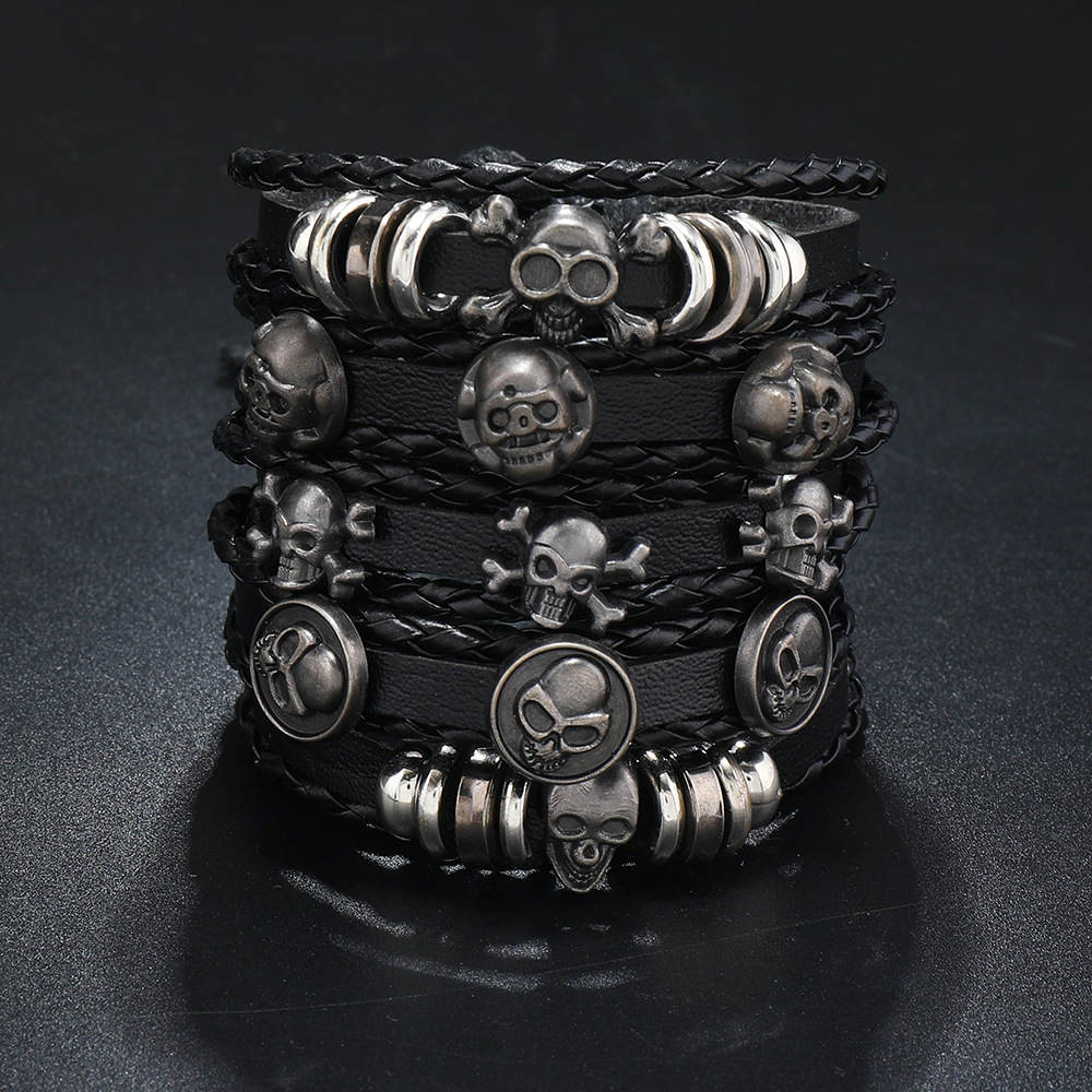 European and American new men's skull leather suit bracelet Rock Street bracelet cross-border jewelry bracelet jewelry