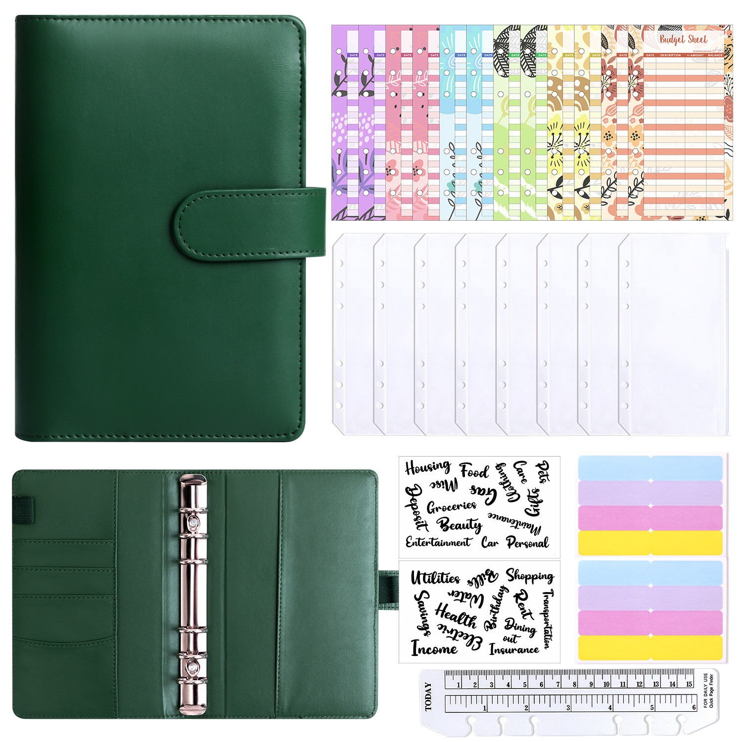 Presupuesto transfronterizo Cash Clip de hojas sueltas Bolsa con cremallera Sobres Libro de cuentas A6 Macarons PU Cuaderno de hojas sueltas de cuero