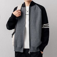 主推款品牌羊毛开衫男士秋冬季新款拉链针织衫青年条纹立领毛衣潮