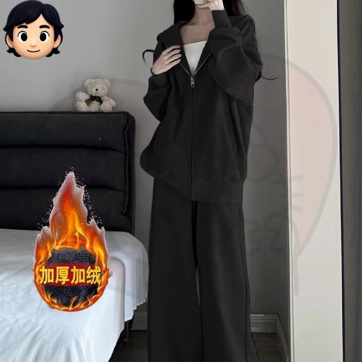 休闲运动套装女秋冬新款宽松连帽灰色卫衣阔腿裤两件套开衫外套潮|undefined