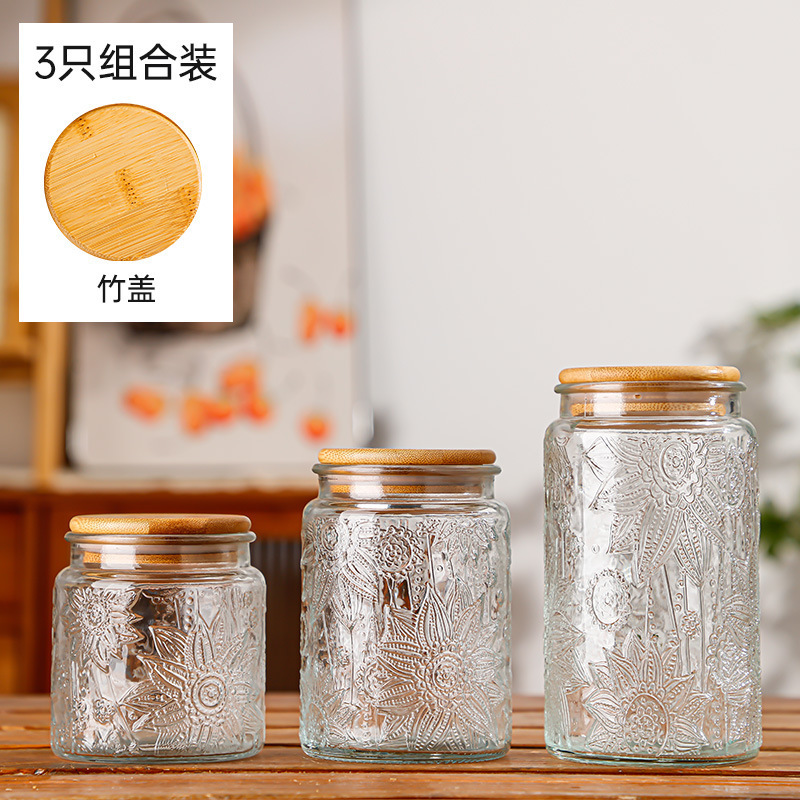 Hogar vintage Begonia flor realzada snack caramelo almacenamiento tarro bambú cubierta americana cocina transparente vidrio sellado frasco