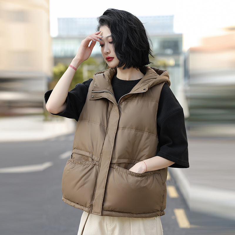 90鸭绒羽绒马甲女短款2025年秋冬新款韩版宽松轻薄羽绒服马夹连帽|undefined