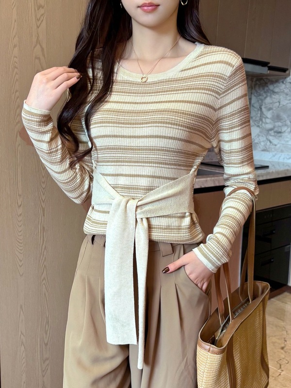 韩系秋季新款时尚百搭显瘦针织衫女设计感小众羊毛条纹百搭上衣新|undefined