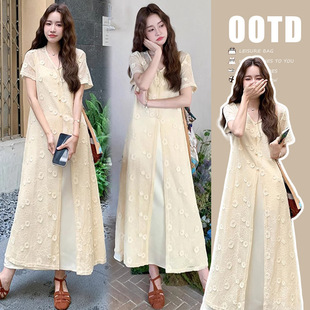 Ready-Made Summer New Style New Chinese Style Gentle Style Crochet Hollow Blouse Plus Suspender Dress Two-Piece Maternity Wear