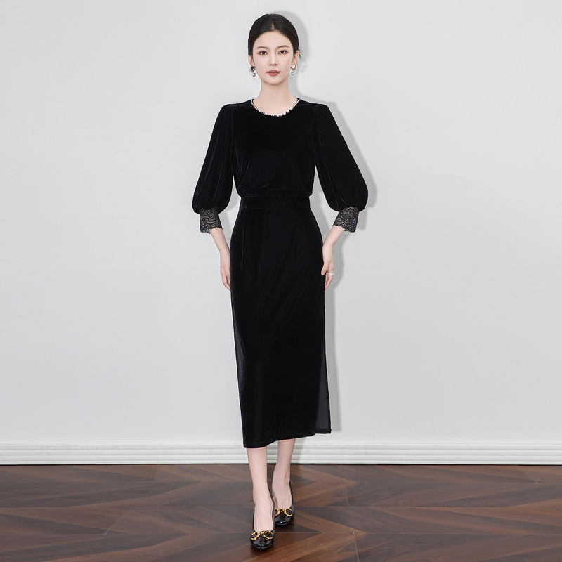 2512603-Nanyou Accessible Luxury High-End Heavy-Duty Beaded Collar Lace Splicing Velvet Waist Slim Dress Elegant