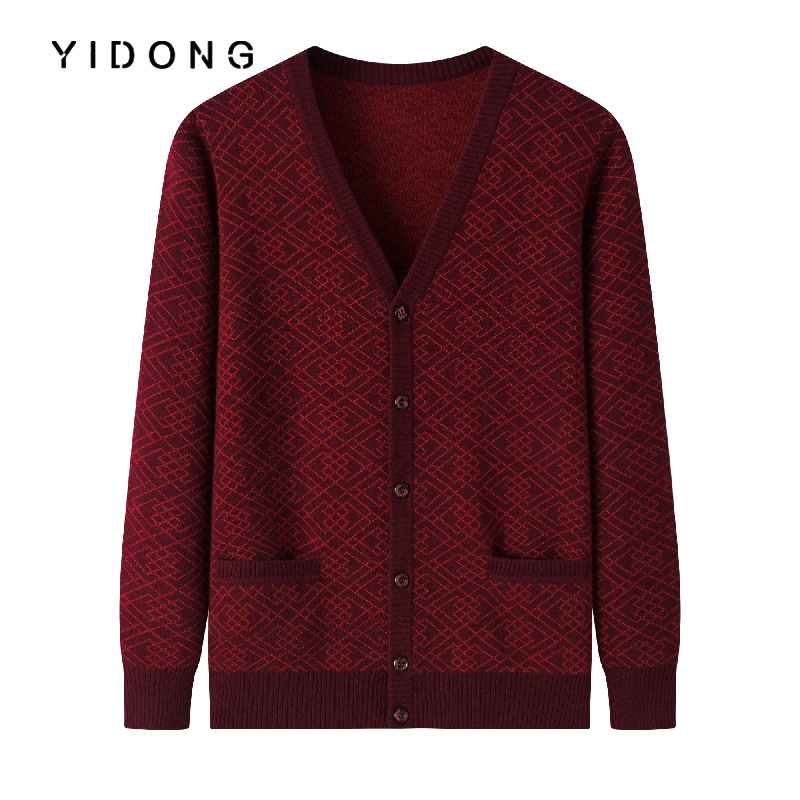 12 바늘 더블 리프트 중년 및 노인 대형 포켓 남성용 V 넥 두꺼운 순수 울 가디건 여성용 라운드 넥 커플 스웨터
