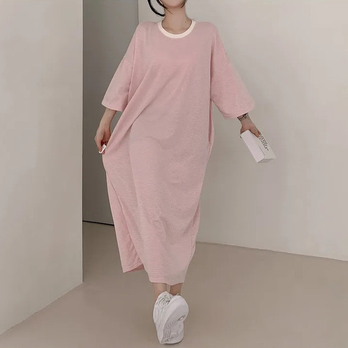Foreign trade cotton striped short-sleeved T-shirt dress women's summer mid-length casual long skirt plus size age-reducing T-shirt