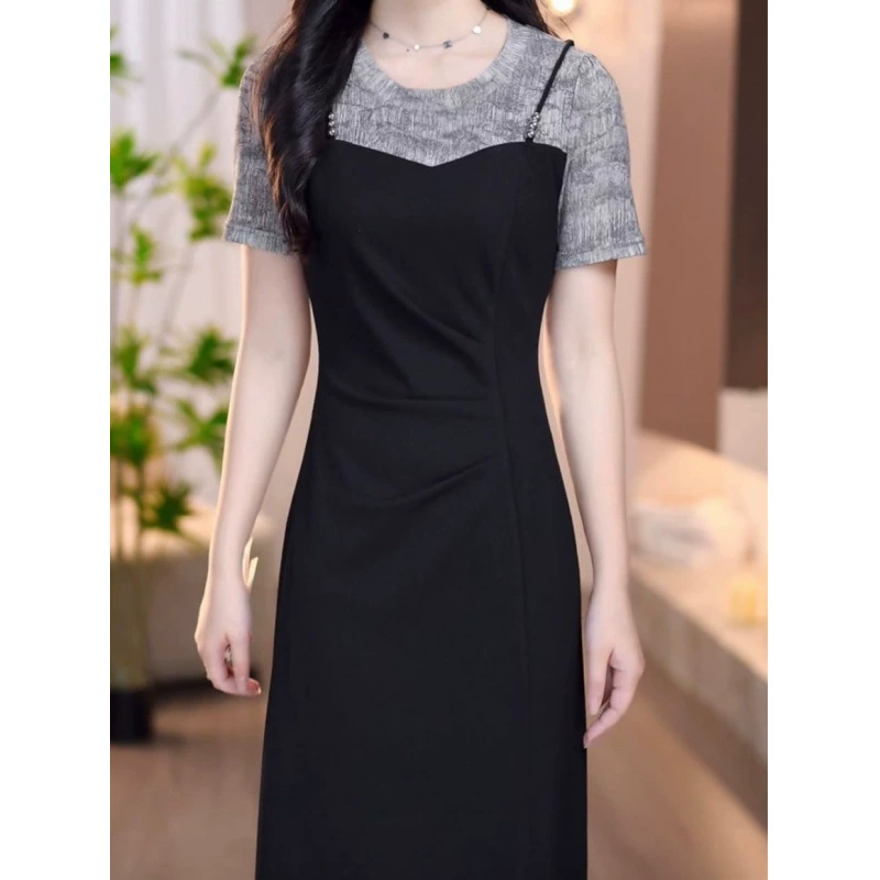 Модное дизайнерское платье с короткими рукавами и облегающим талией, лето 2025, новое элегантное платье из двух частей, закрывающее тело, уменьшающее возраст