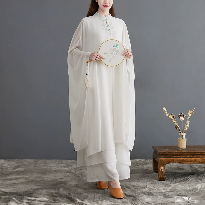 Новая женская одежда 2025 года: художественное ретро-платье в стиле чайной церемонии, сказочный костюм для дзен-танцев, белый комплект из двух предметов для йоги и тай-чи