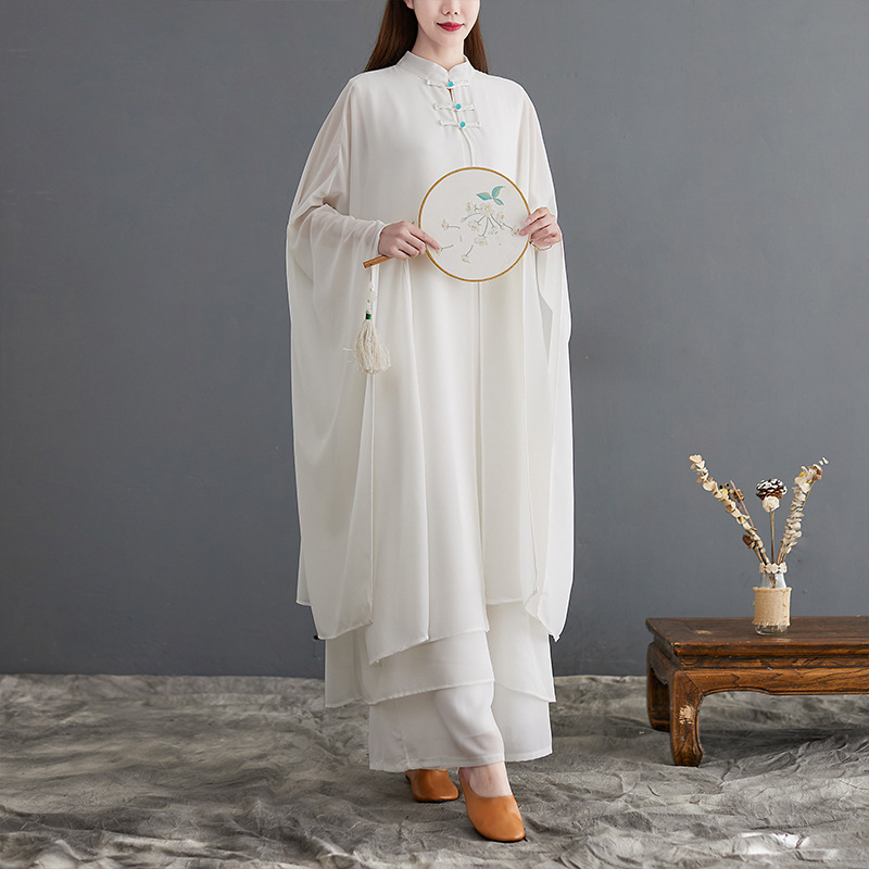 2025 New Women's Clothing, Artistic Retro Tea Dress, Fairy-Like Zen Dance Dress, White Yoga Tai Chi Dress Two-Piece Set