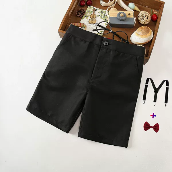 Black shorts, suspenders, burgundy bow tie