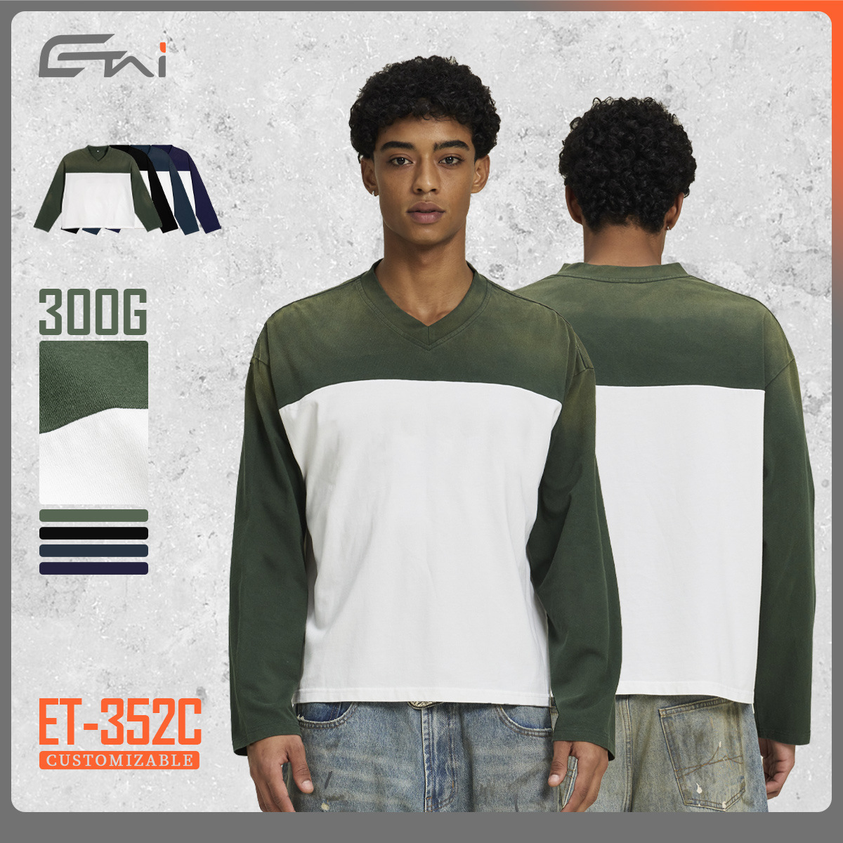 ETAI Hombre| Camiseta corta de algodón pesado suelta camiseta de marca de moda transfronteriza hombre cuello en V camiseta de manga larga