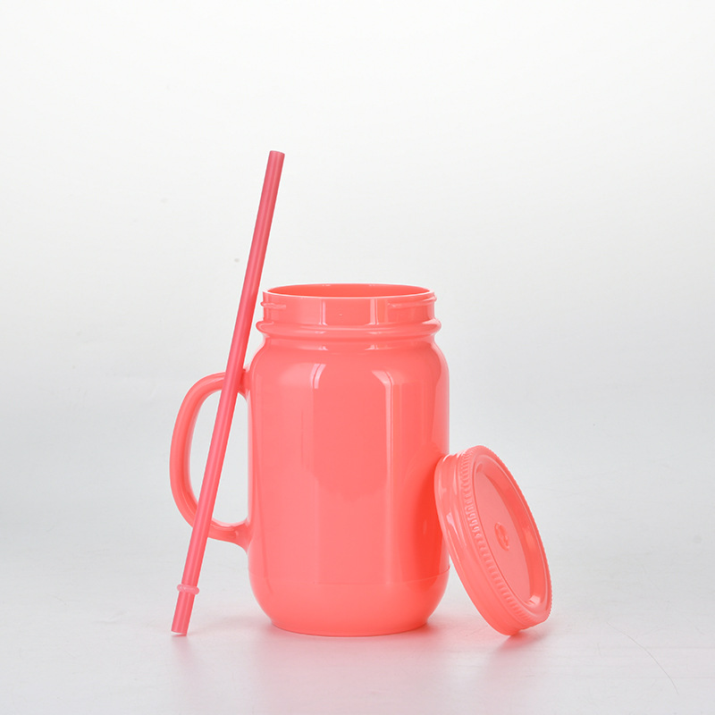 Européen Et Américain Solide Couleur En Plastique Coctail Verre Avec Poignée En Gros Double Couche En Plastique Mason Bouteille Par Jour Tumbler Avec De La Paille display picture 8