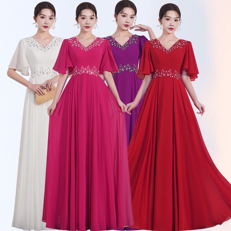 Chorus performance dress women's summer new middle-aged and elderly adult host stage performance elegant evening dress