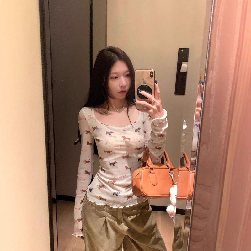 [Mesh Fabric] Early Autumn Design Slimming Look and Unique American Sexy Puppy Print Long-Sleeved T-Shirt for Women