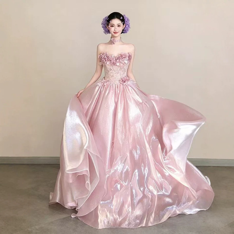 Pink Off-The-Shoulder Evening Gown 2026 New Style High-End Host Banquet Dress Elegant Socialite Performance Dress
