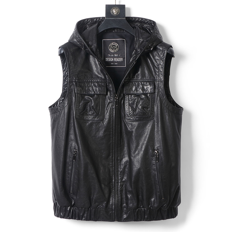 Men's New Spring and Autumn Hooded Genuine Leather Waxed Cowhide Vest, Fashionable Casual Motorcycle Style Sleeveless Jacket for Men