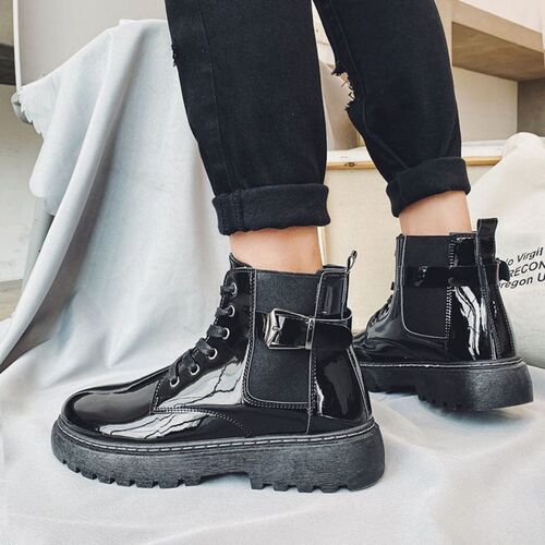 Men's Spring and Autumn New Thick Sole Martin Boots, Korean Version, Fashion Student, Versatile High-Top Leather Shoes, Men's Medium-Height Waterproof Short Boots