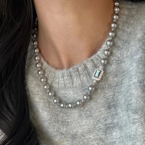 Abalone shell treasure box clasp Shi Jia pearl necklace, many genuine grayish-purple necklaces for women, minimalist style, round shape, strong light sweater chain
