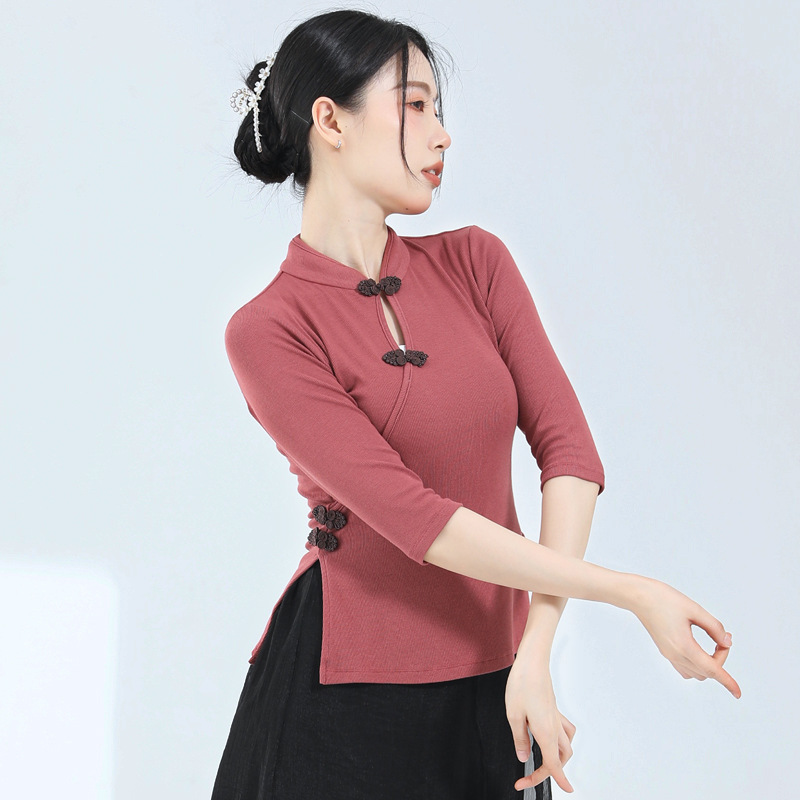 Classical Dance Costume Fashion Hollow Top Buckle Cheongsam Collar Mid-Sleeve Practice Clothing Slim-fit Slim-fit Body-fit Clothing
