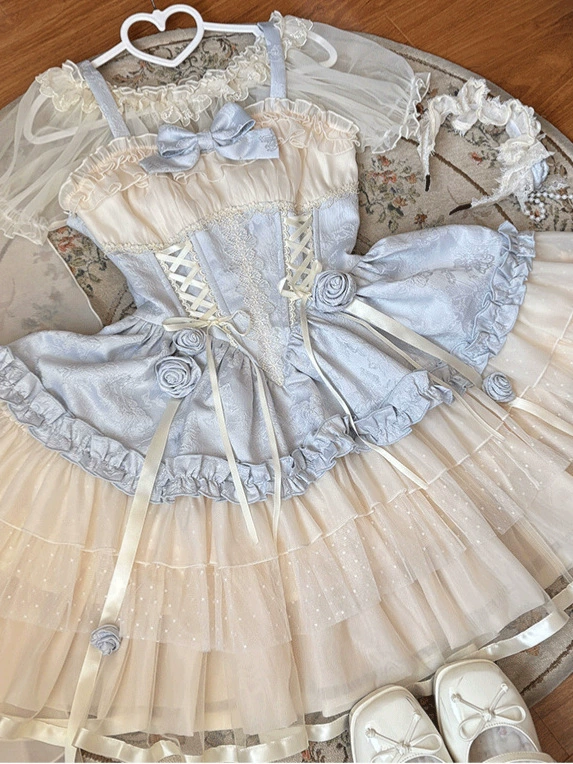 Lolita JSK (Bianyuan) Dance of Time 3.0 — балетный короткий стиль, бантик и розетки, голубой (S–M)