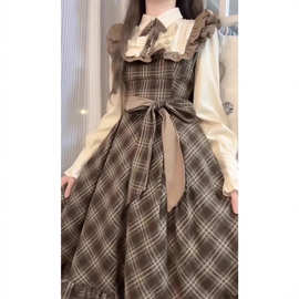 复古格子长袖连衣裙女秋洛丽塔打底裙学院风假两件衬衫裙甜美长裙