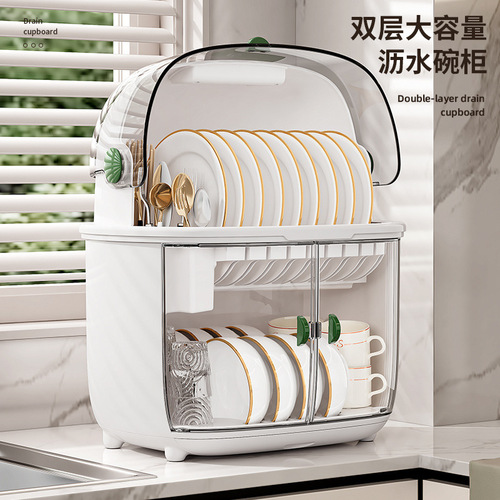 Home Kitchen Double Layer Bowl Cabinet Dish Storage Rack with Cover Drain Plate Serving Storage Box Shelf Bowl Utensil Storage Box