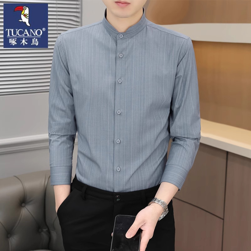Woodpecker Autumn Long-Sleeve Shirt for Men, Business Non-Iron Casual Stand Collar Anti-Wrinkle Stretchy Mandarin Collar Chinese Style Shirt