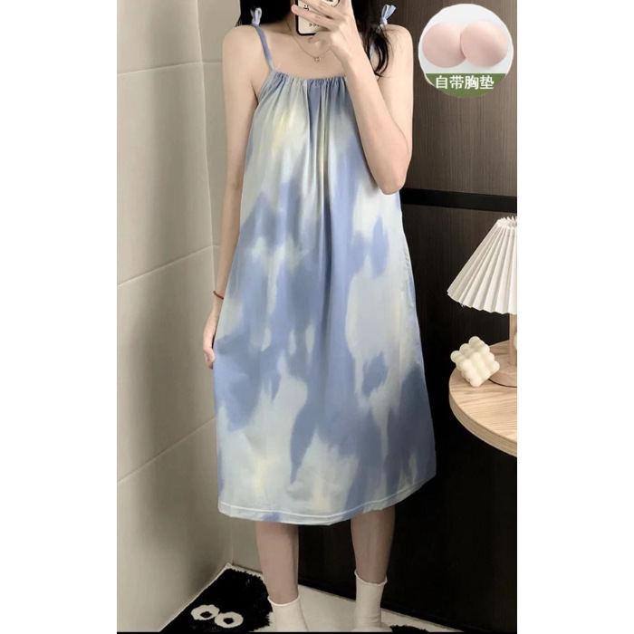 Verano nuevo vestido de pijama de armband dulce mujer cojín de pecho fresco correa de cuello se puede usar vestido de pijama suelto