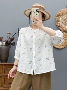 Literary Small Floral Print Stand-Up Collar Five-Quarter Sleeve Double-Layer Cotton Gauze Shirt for Women Summer Loose Casual Slimming Look Top