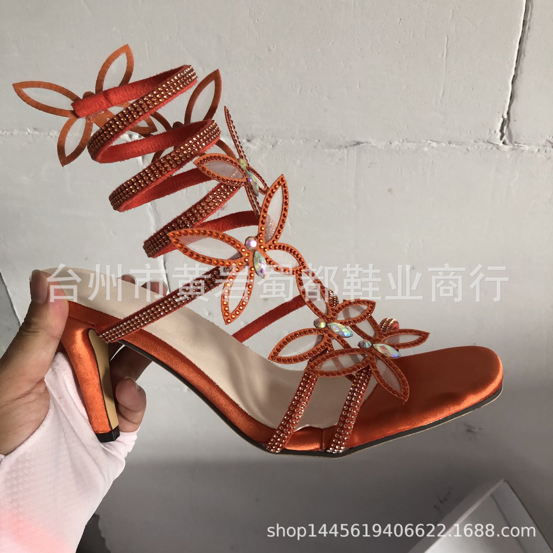 Spring and Summer One-Strap Snake-Shaped Winding Open-Toe Rhinestone Sparkling Bow Stiletto Ultra-High Heel Sexy Sandals for Women