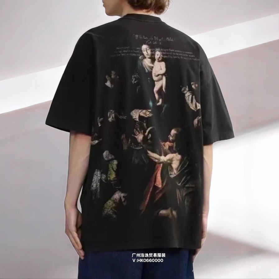 Verano nuevo OFF-WHITE lavado y desgastado doble hilo pesado ángel rojo anciano religioso estampado camiseta de manga corta hombre