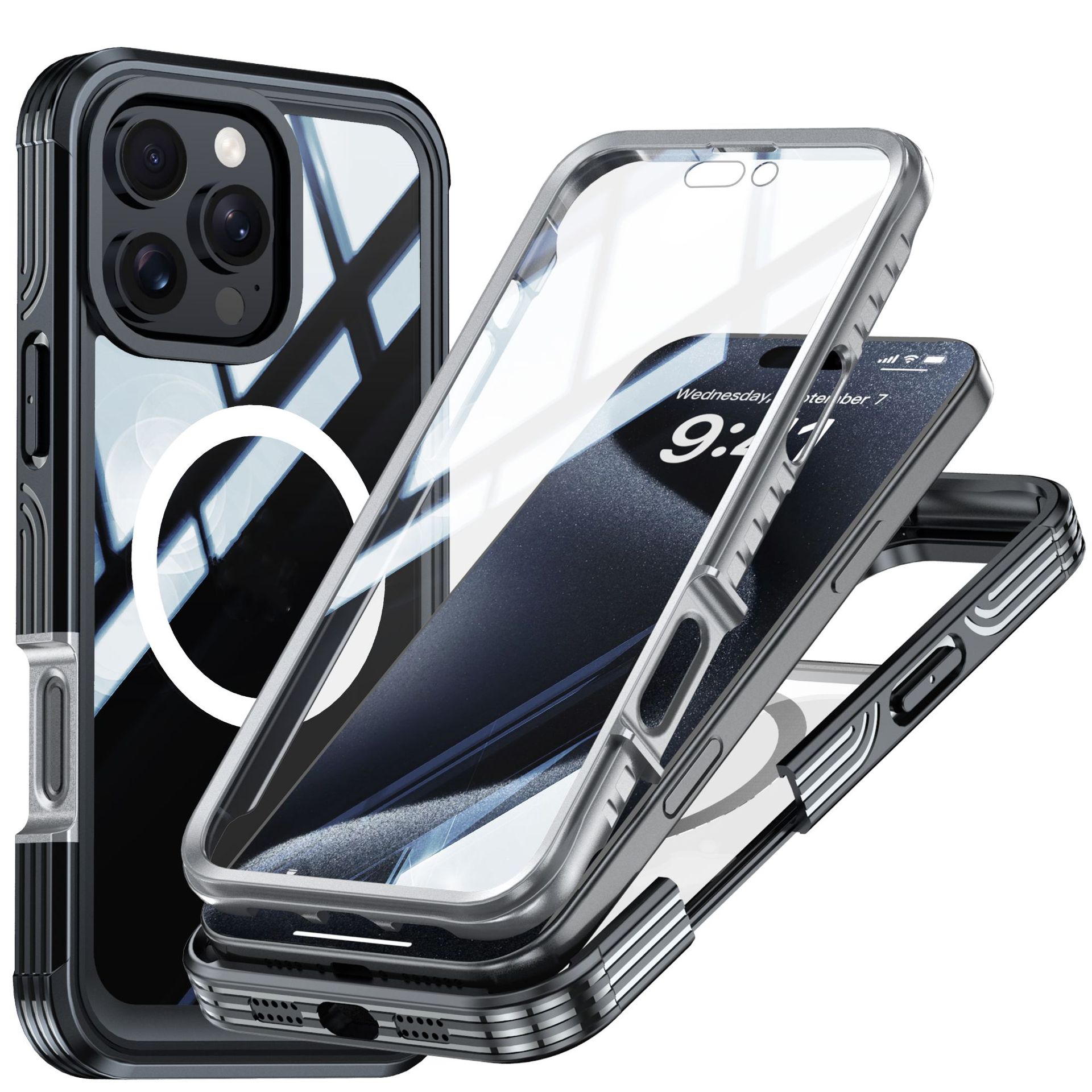 Aplicable a Apple 16 funda transparente de tres pruebas para teléfono móvil magsafe imán iPhone16ProMax funda anticaídas para exteriores