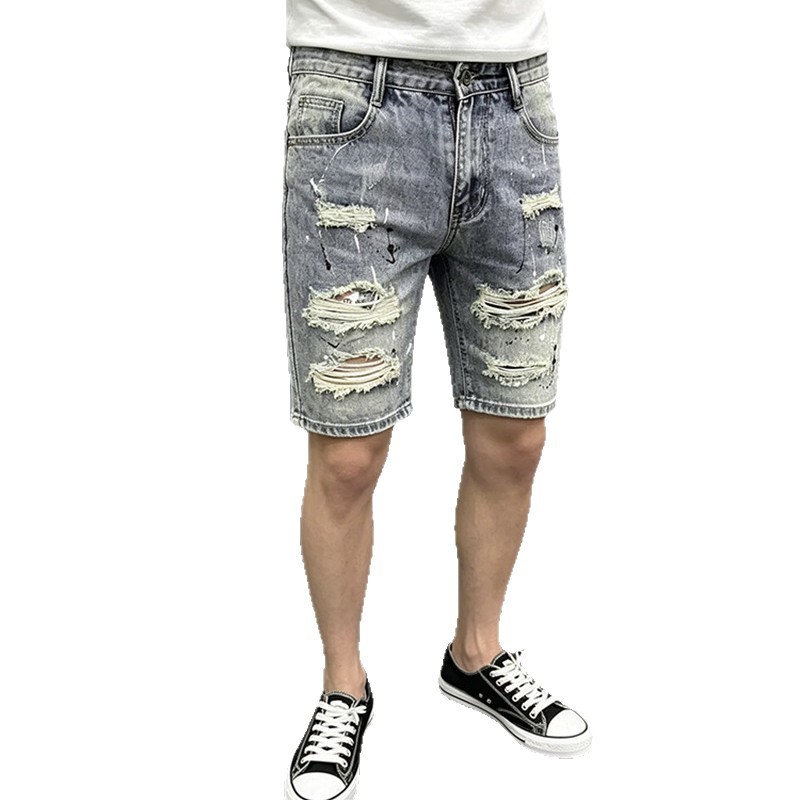 Retro-Jeansshorts für Herren im Used-Look mit Patchwork-Design, Stretch, lässige Sommerhose mit fünf Spitzenpunkten, trendiger Stil_voghion.com