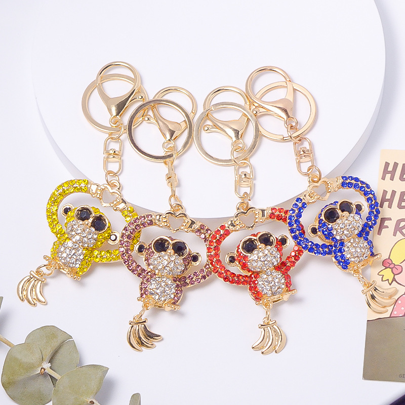 Cross-Border Hot-Selling Full Diamond Gorilla Keychain Metal Rhinestone Pendant Cute Monkey Keyring Graduation Gift