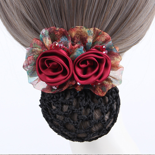 High-end Elegant Double Flower Hairnet Spring Hairpin Female Back of the Head Bun Bun Hairpin Net Bag Middle-aged Head Flower 