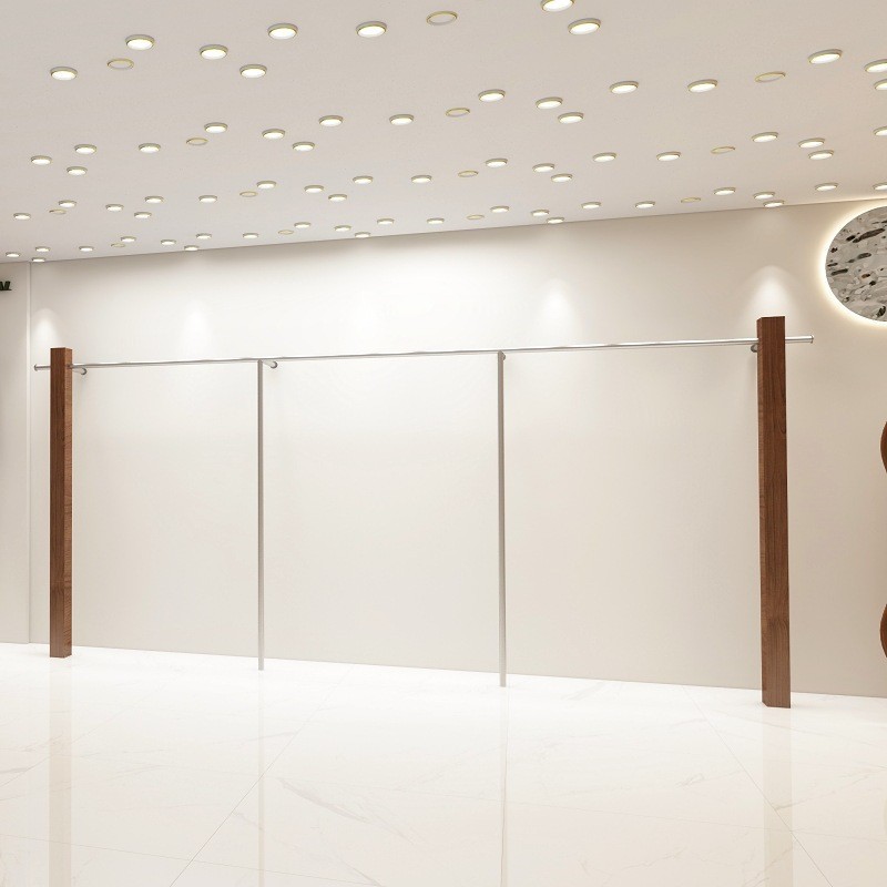 의류 매장 디스플레이 랙 벽 어린이 의류 매장 매달려 폴 호두 컬러 단단한 나무 바닥 옷걸이 여성 의류 매장 선반 도매