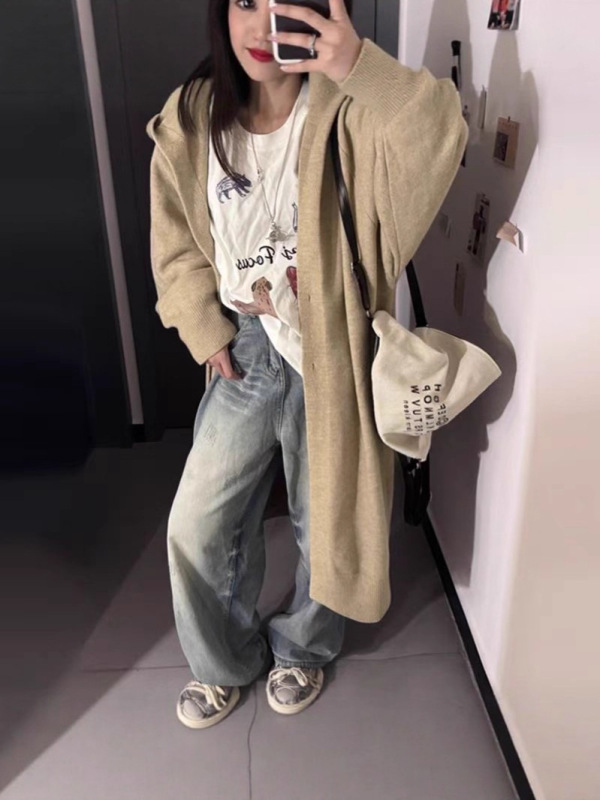 大码美拉德穿搭中长款毛衣开衫外套秋冬慵懒风连帽针织衫上衣|undefined