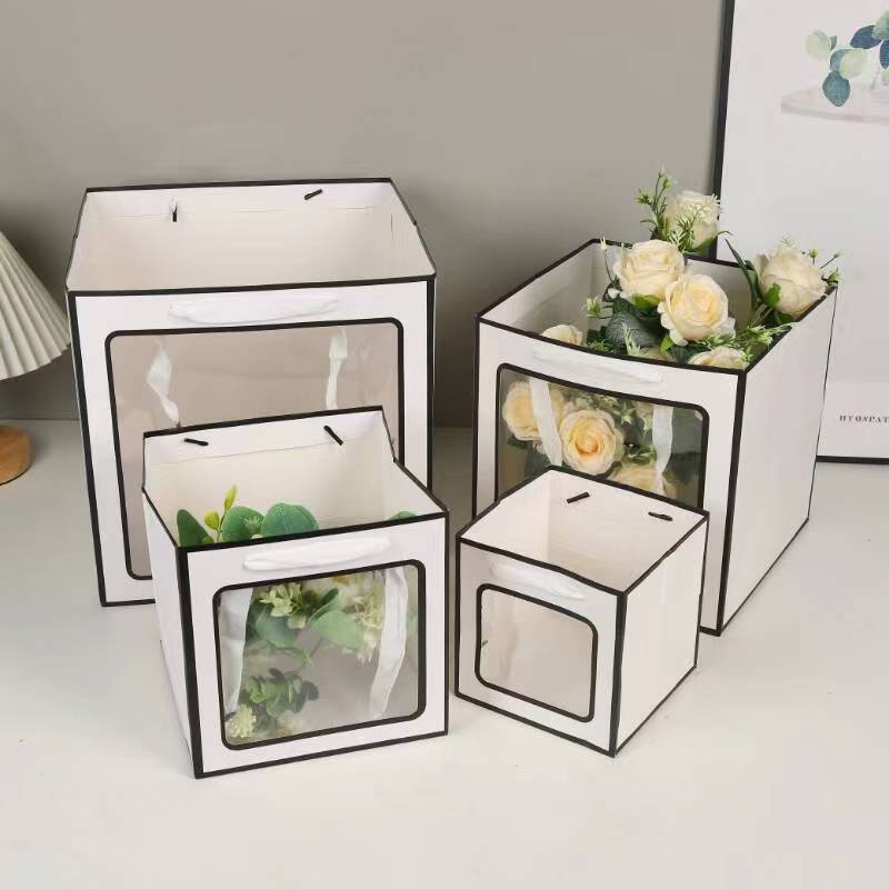 开窗袋加厚正方形生日包装袋鲜花婚庆伴手礼礼品袋透明开窗手提袋