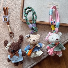 韩国东大门毛绒可爱挎包挂饰小熊手机绳彩绳钥匙扣公仔包包挂件