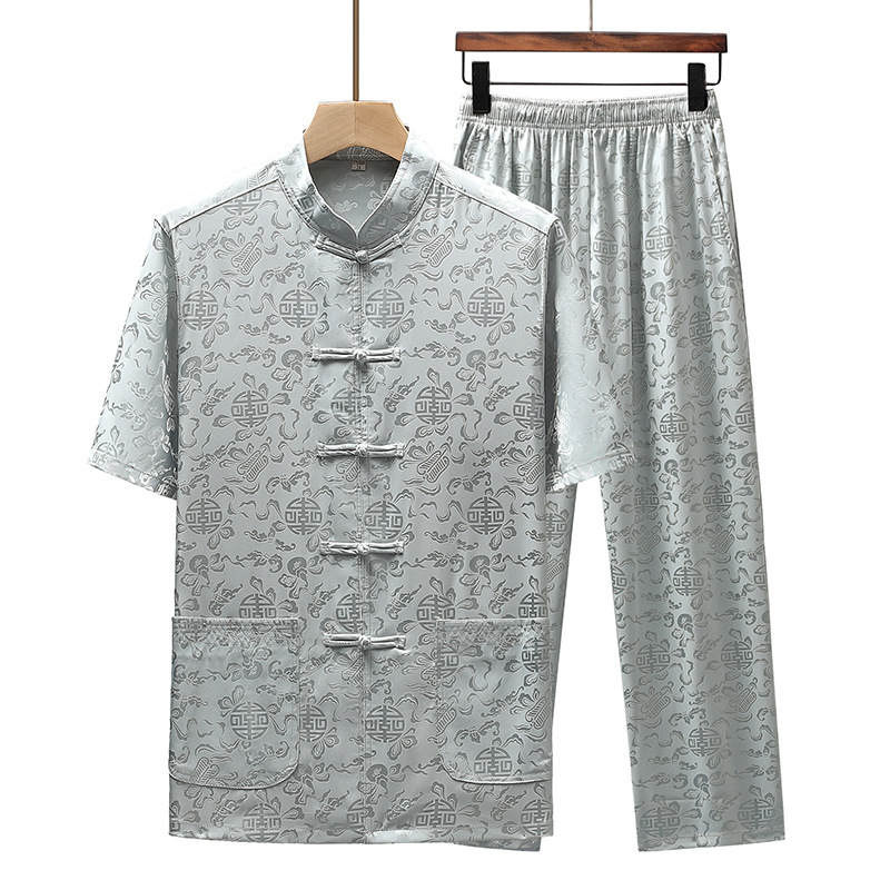 Men's Tang-style short-sleeved summer suit for middle-aged and elderly men, thin style, Chinese style, father's summer outfit, silk grandpa gourd pattern birthday.