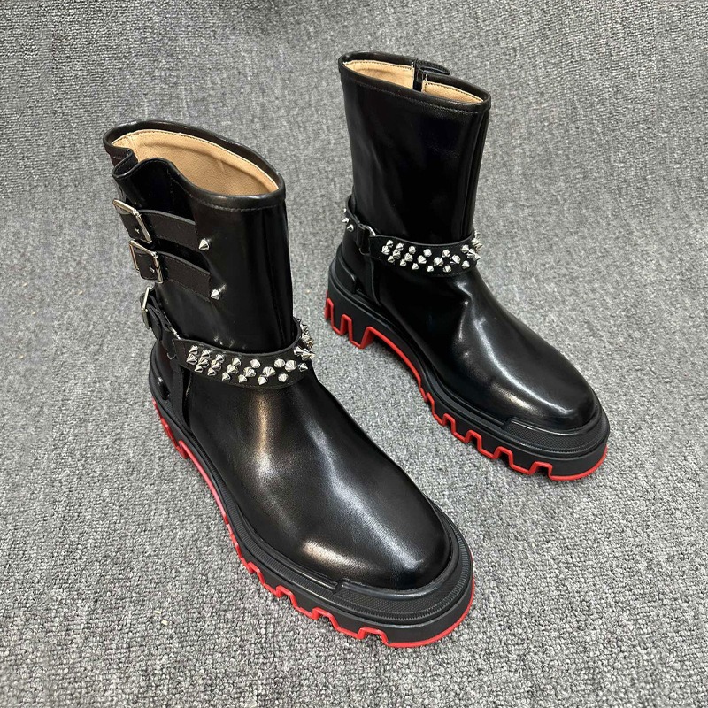 European and American Style Buckle Chain Chelsea Boots for Men, Round-Toe High-Top Motorcycle Rivet High-Top Martin Boots, Trendy Men's Boots