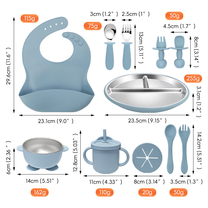 Amazon 304 acero inoxidable silicona platos de platos set cubiertos bebés bebés de silicona bib de grado alimenticio