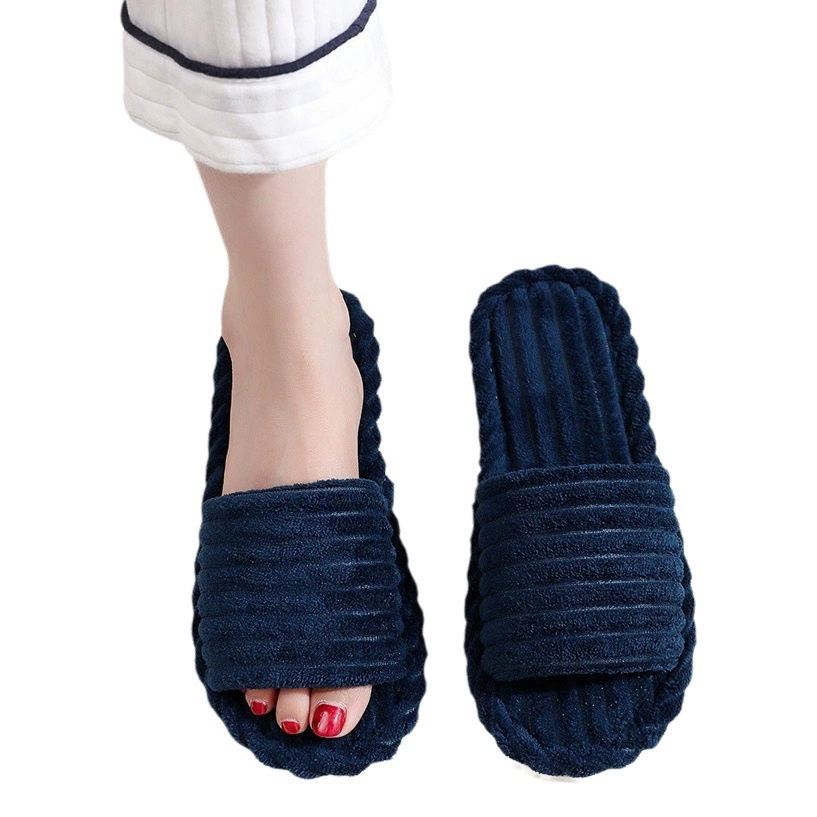 Тапочки в трансграничном стиле, с открытым носком, весенне-осенние модели, домашние нескользящие плоские тапочки для пар, модные и простые, с открытым носком, утолщенные на меху.