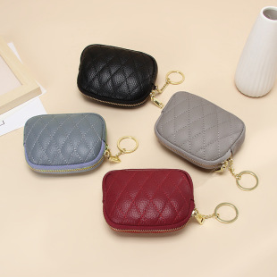 Wholesale first layer cowhide zipper coin bag rhombus key chain coin bag Mini small wallet women's leather coin purse