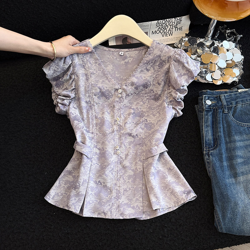 High-End Purple Printed V-Neck Shirt for Women with Bow Tie at the Back, Waist-Cinching, Elegant Flower Bud Short-Sleeve Top A11246