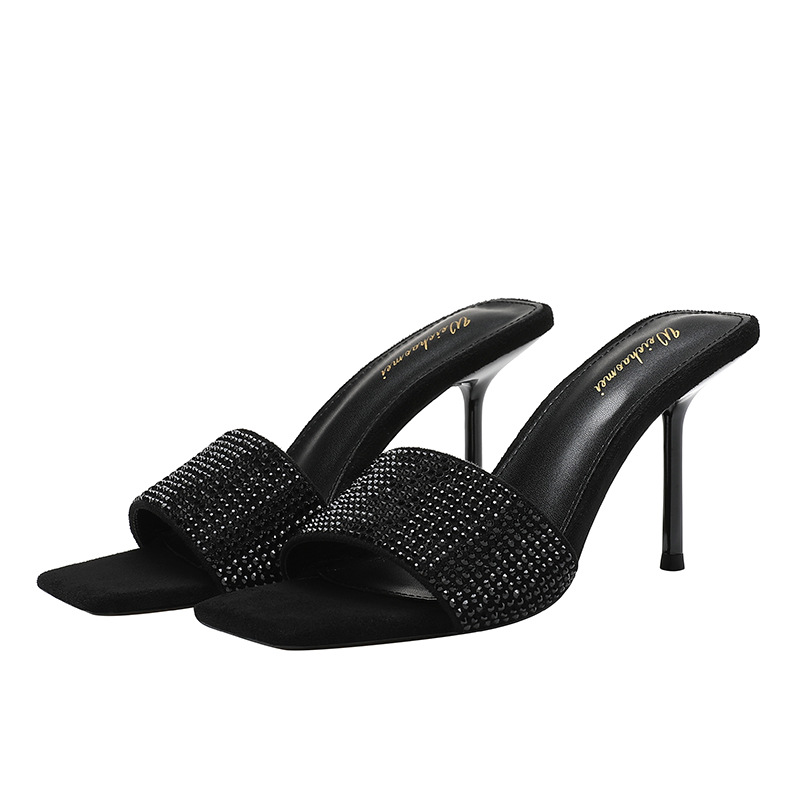2024 Summer New Yangshulin Same Style Square Toe Black Rhinestone One-Strap Thin High Heel Sandals For Women_vogvips.com