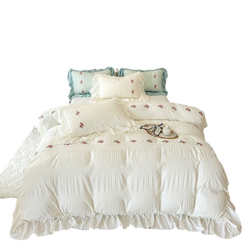 Four seasons seersucker washed cotton bed set four-piece princess style girly heart bedding sheets fitted sheet quilt cover universal for all seasons