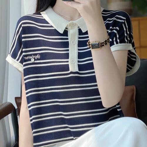 Baby Collar Striped Short Sleeve T-Shirt for Women - Summer 2025 Base Shirt for Women - Stylish Women's Fashion Chiffon Knit Top