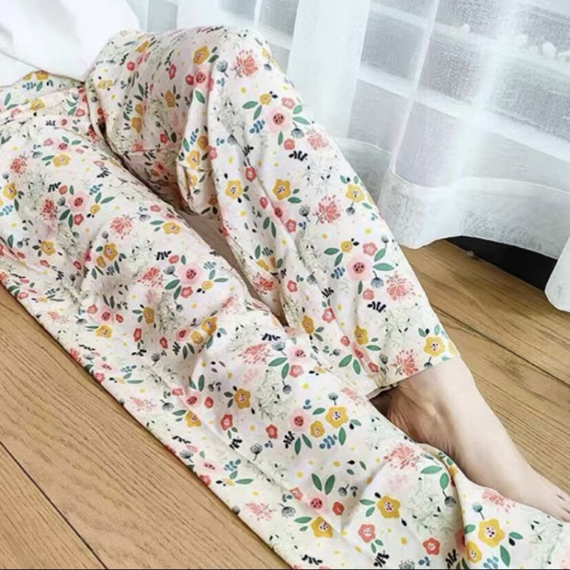 면 넓은 다리 바지-살구색 꽃